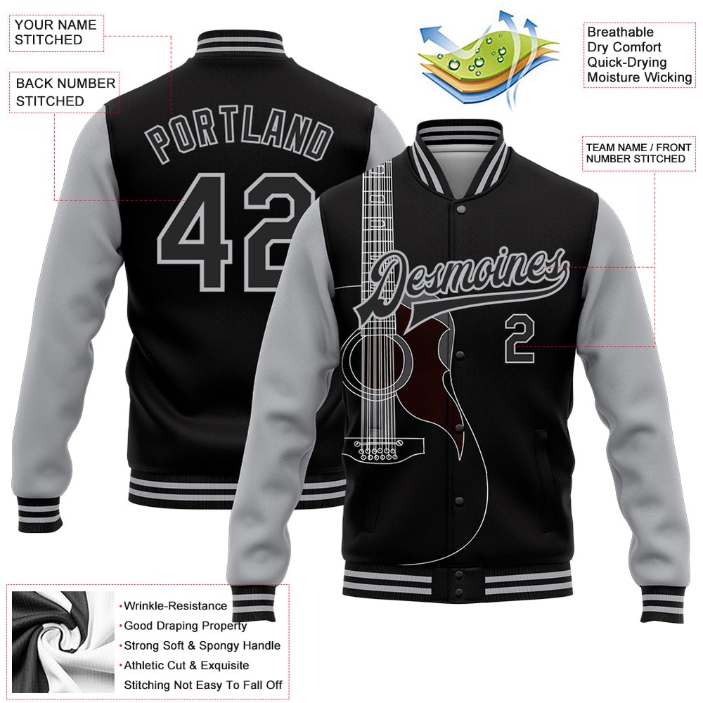 Custom Black Gray Guitar Music Festival 3D Pattern Design Bomber Full Snap Baseball Jacket, Custom Team Jacket Custom Black Gray Guitar Music Festival 3D Pattern Design Bomber Full Snap Baseball Jacket, Custom Team Jacket