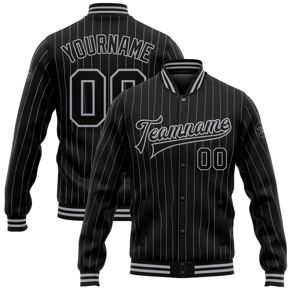 Custom Black Gray Pinstripe Gray Bomber Full Snap Baseball Jacket, Custom Team Jacket