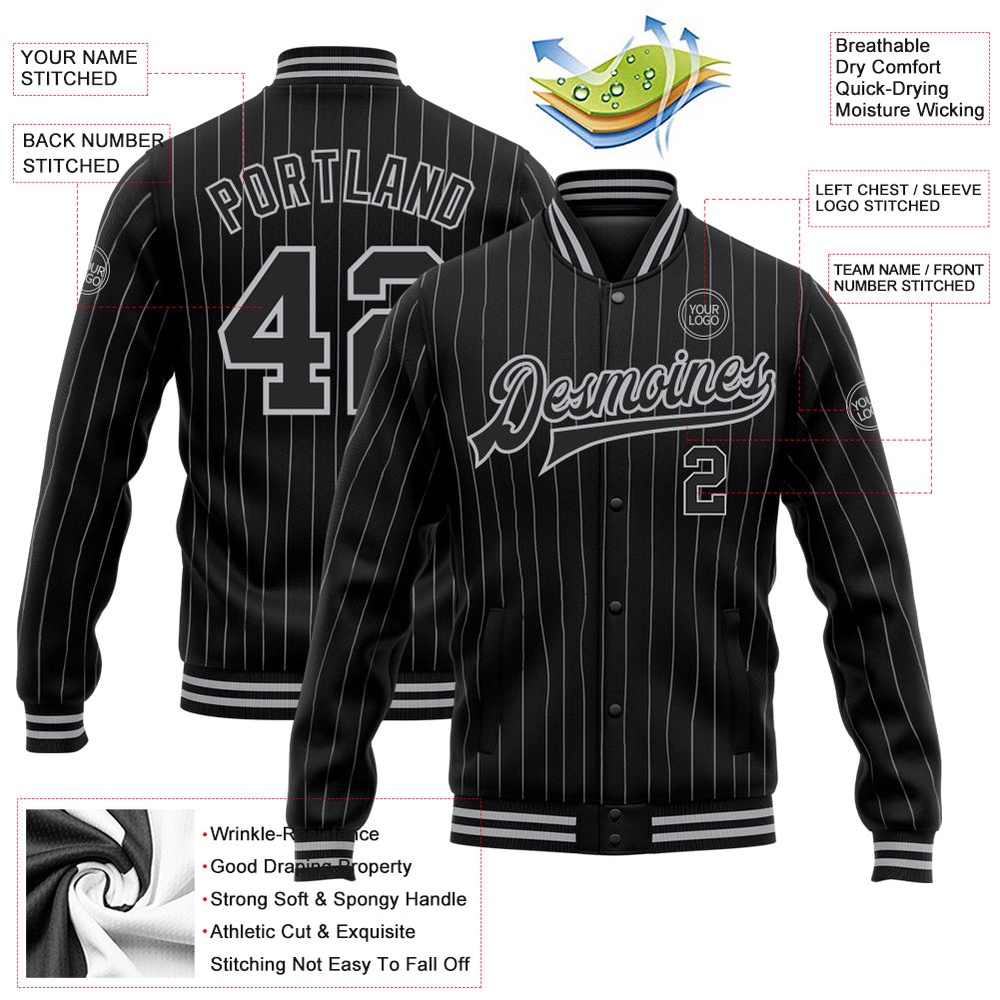 Custom Black Gray Pinstripe Gray Bomber Full Snap Baseball Jacket, Custom Team Jacket