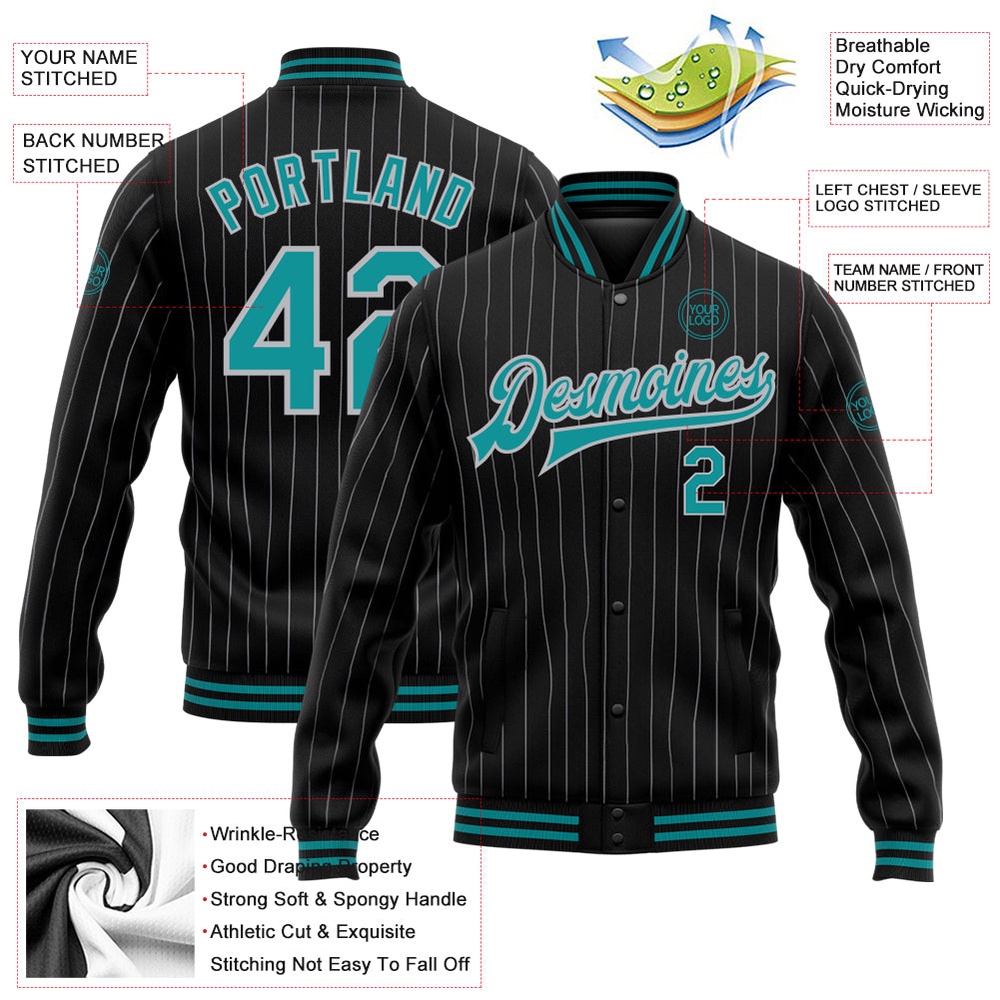 Custom Black Gray Pinstripe Teal Bomber Full Snap Baseball Jacket, Custom Team Jacket