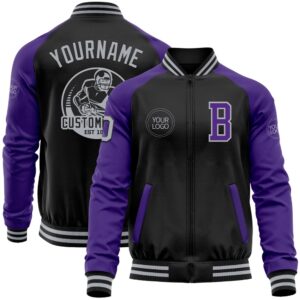 Custom Black Gray Purple Bomber Varsity Baseball…