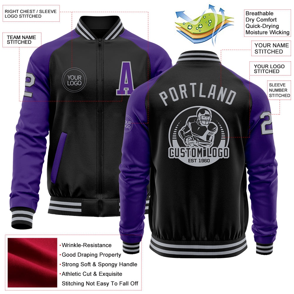 Custom Black Gray Purple Bomber Varsity Baseball Jacket, Custom Team Jacket
