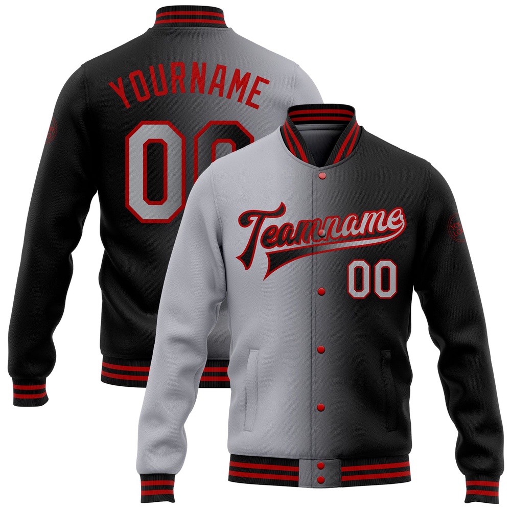 Custom Black Gray Red Bomber Full Snap Varsity Letterman Gradient Fashion Jacket, Custom Team Jacket