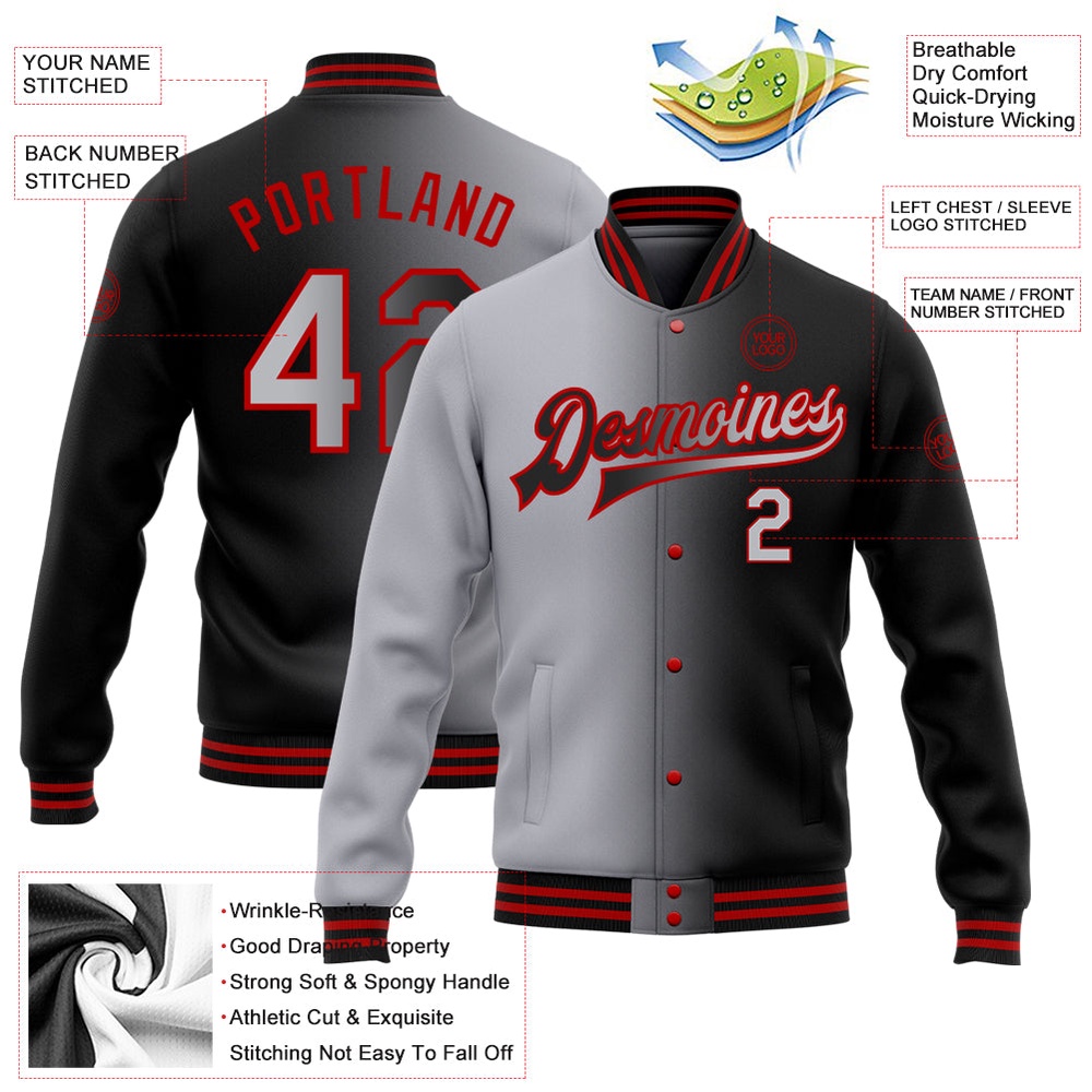 Custom Black Gray Red Bomber Full Snap Varsity Letterman Gradient Fashion Jacket, Custom Team Jacket