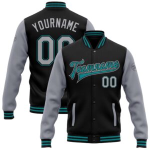Custom Black Gray Teal Bomber Full Snap…