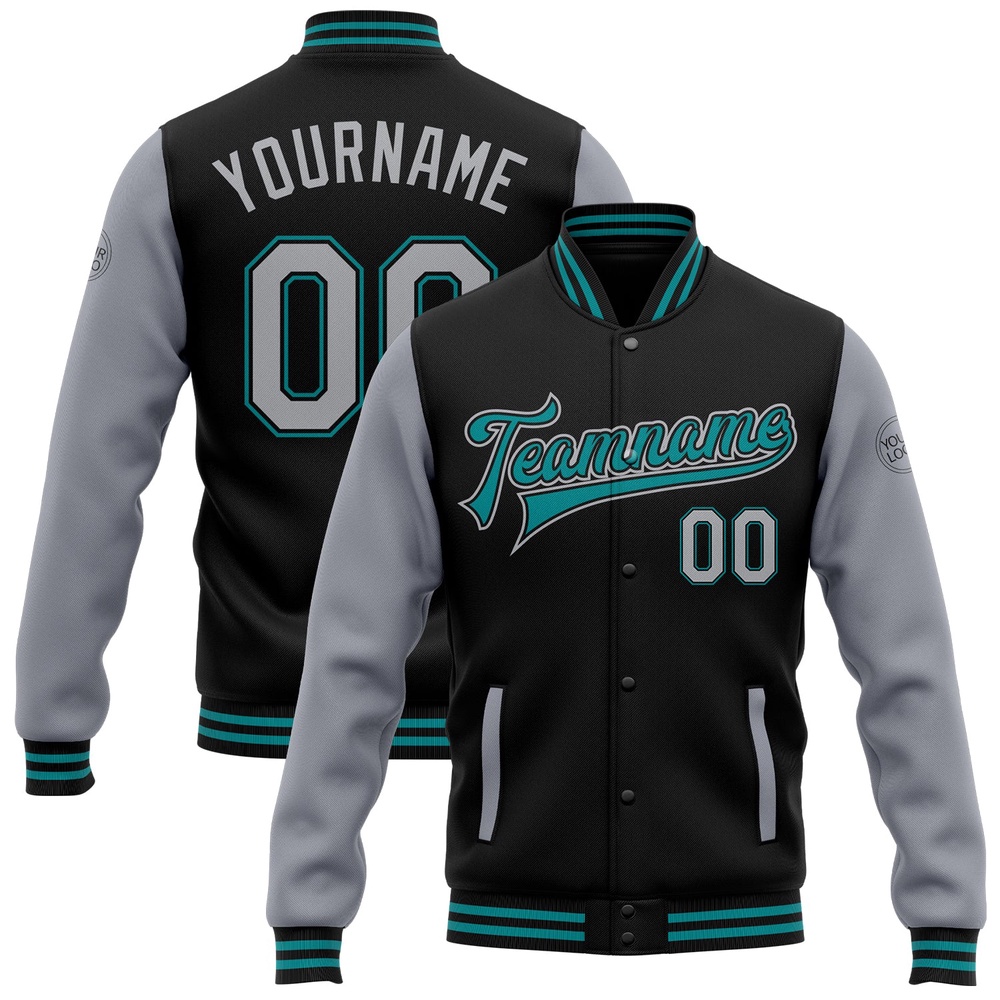 Custom Black Gray Teal Bomber Full Snap Varsity Baseball Jacket, Custom Team Jacket