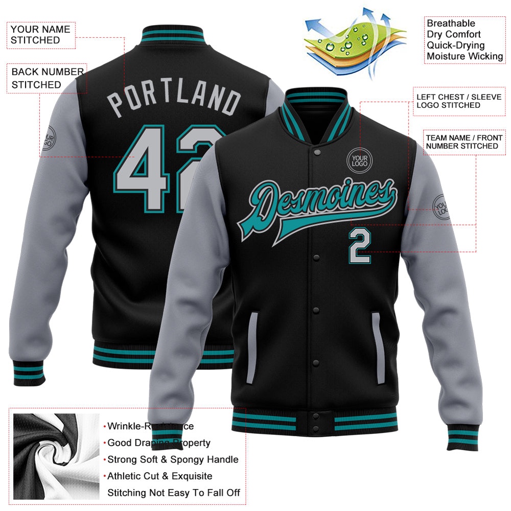 Custom Black Gray Teal Bomber Full Snap Varsity Baseball Jacket, Custom Team Jacket