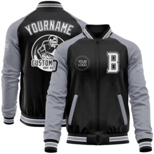 Custom Black Gray White Bomber Varsity Baseball…