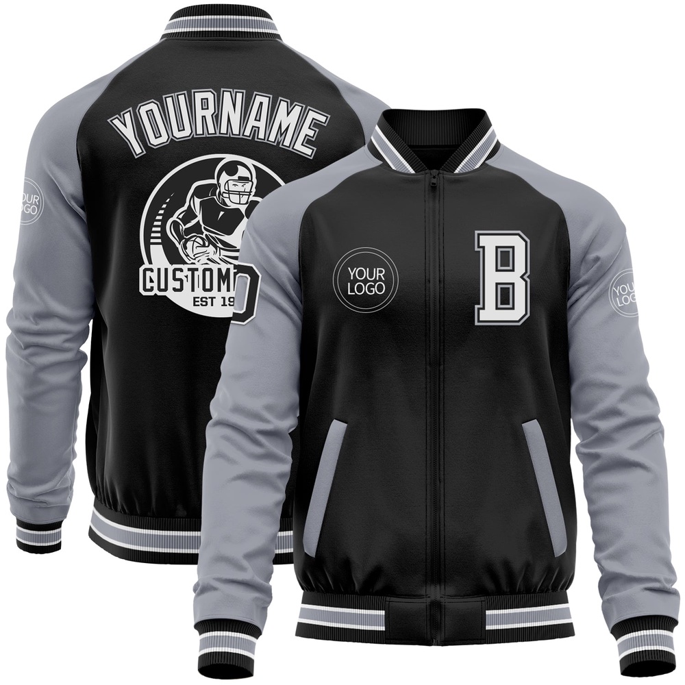 Custom Black Gray White Bomber Varsity Baseball Jacket, Custom Team Jacket