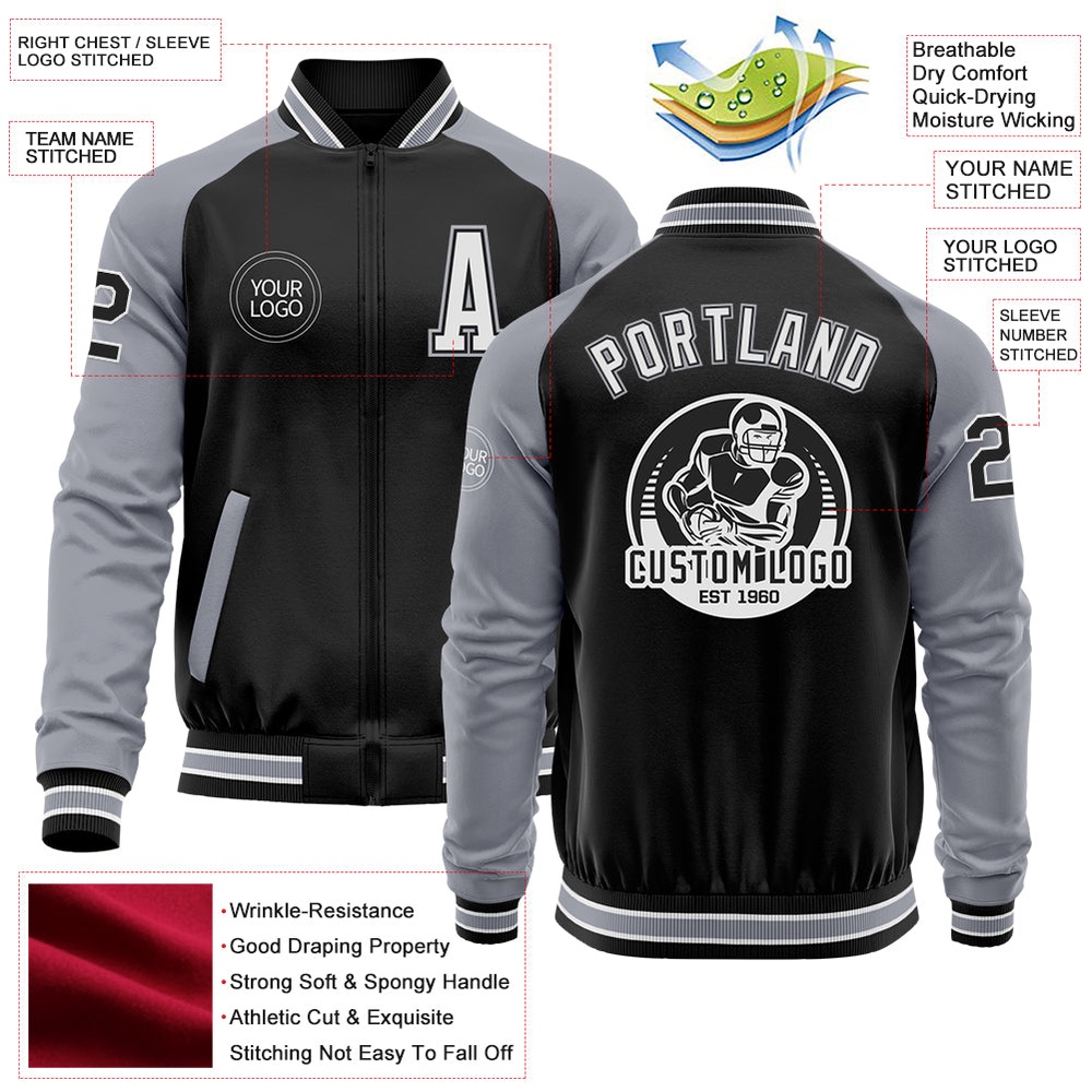 Custom Black Gray White Bomber Varsity Baseball Jacket, Custom Team Jacket