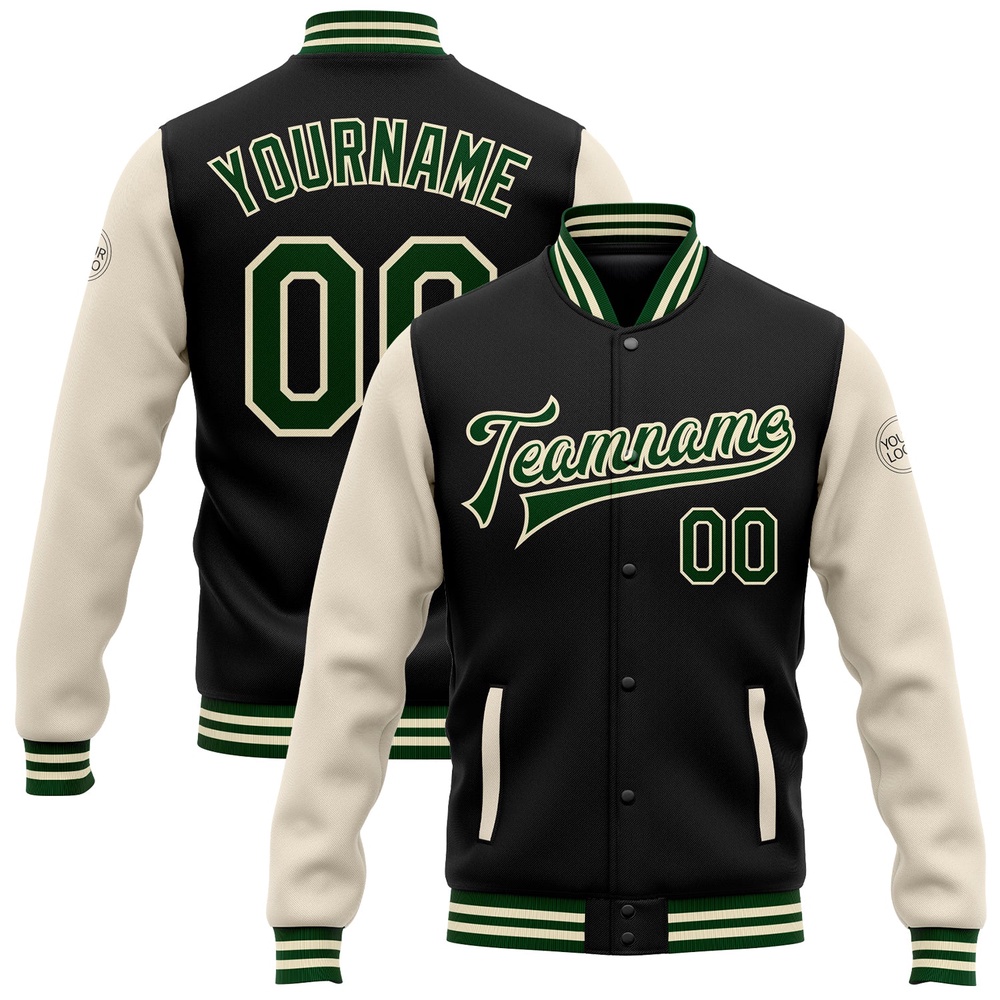 Custom Black Green Cream Bomber Full Snap Varsity Baseball Jacket, Custom Team Jacket