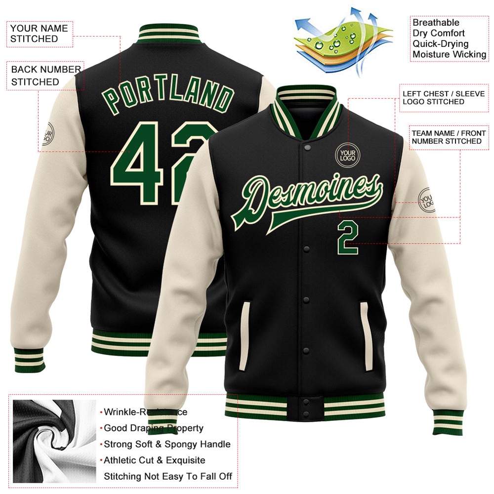 Custom Black Green Cream Bomber Full Snap Varsity Baseball Jacket, Custom Team Jacket