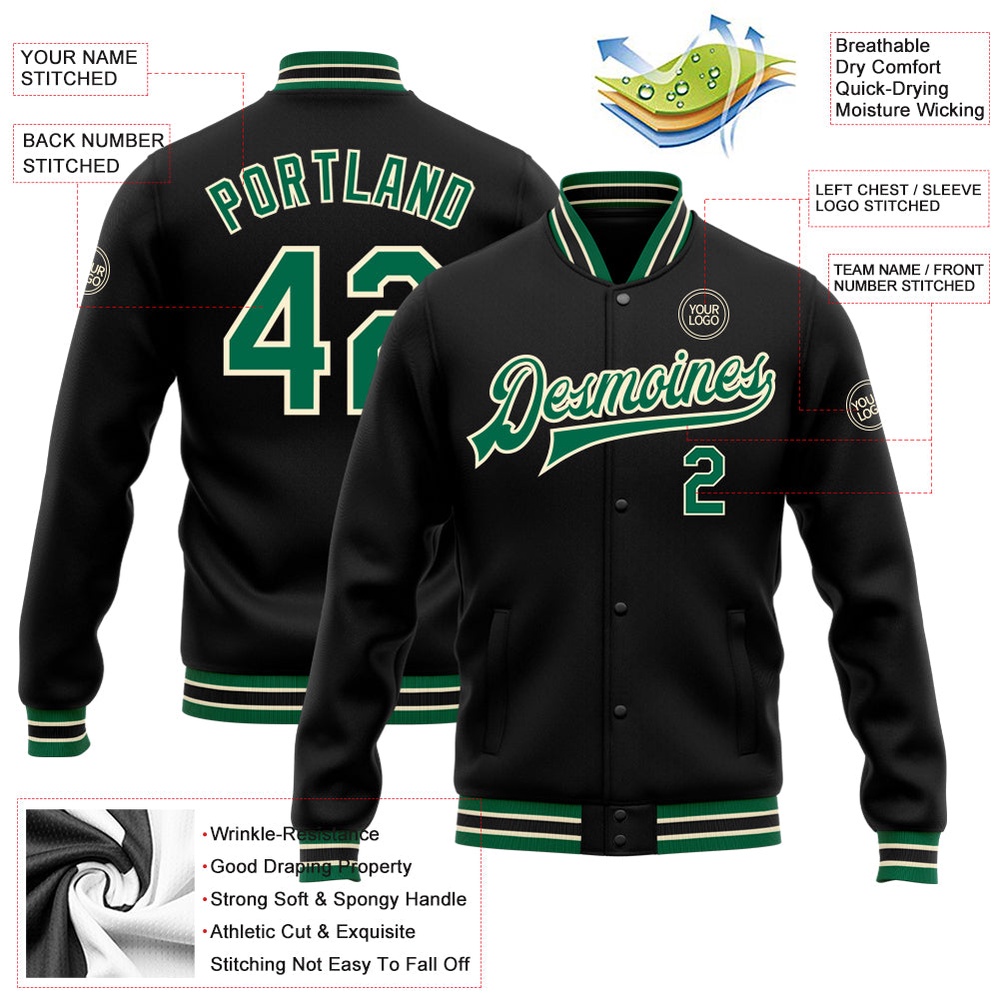 Custom Black Kelly Green Cream Bomber Full Snap Baseball Jacket, Custom Team Jacket