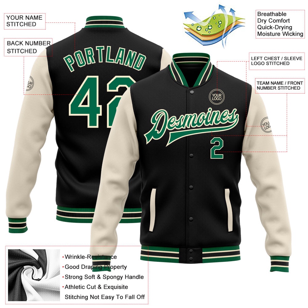 Custom Black Kelly Green Cream Bomber Full Snap Varsity Baseball Jacket, Custom Team Jacket