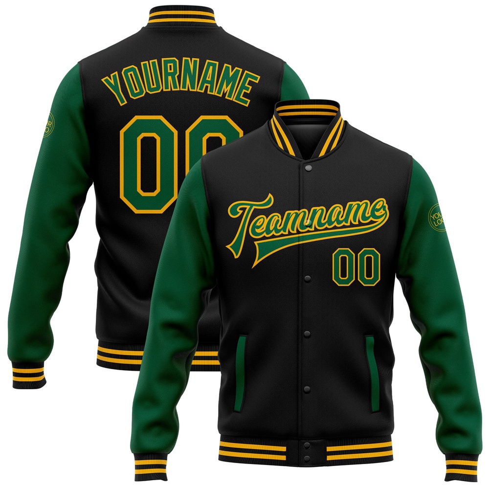 Custom Black Kelly Green Gold Bomber Full Snap Varsity Baseball Jacket, Custom Team Jacket