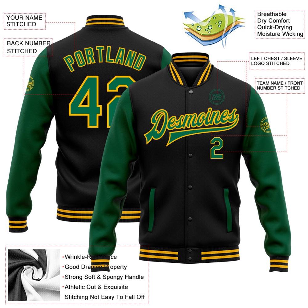 Custom Black Kelly Green Gold Bomber Full Snap Varsity Baseball Jacket, Custom Team Jacket