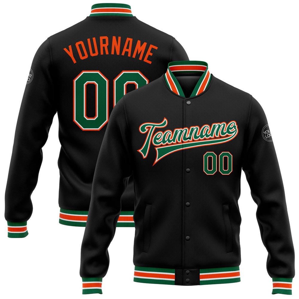 Custom Black Kelly Green Orange Bomber Full Snap Baseball Jacket, Custom Team Jacket