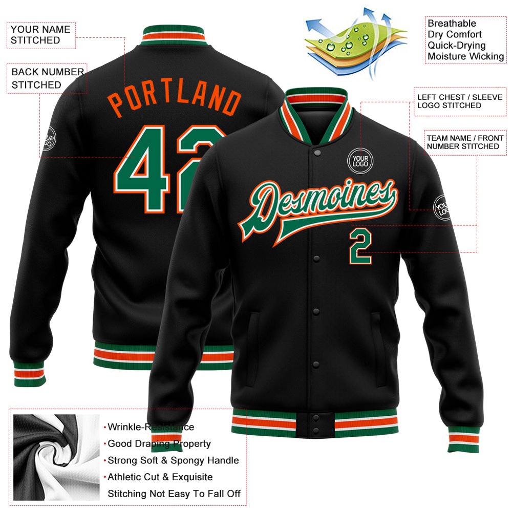 Custom Black Kelly Green Orange Bomber Full Snap Baseball Jacket, Custom Team Jacket