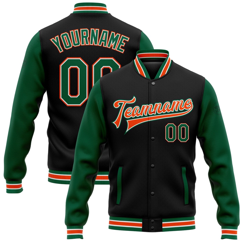 Custom Black Kelly Green Orange Bomber Full Snap Varsity Baseball Jacket, Custom Team Jacket