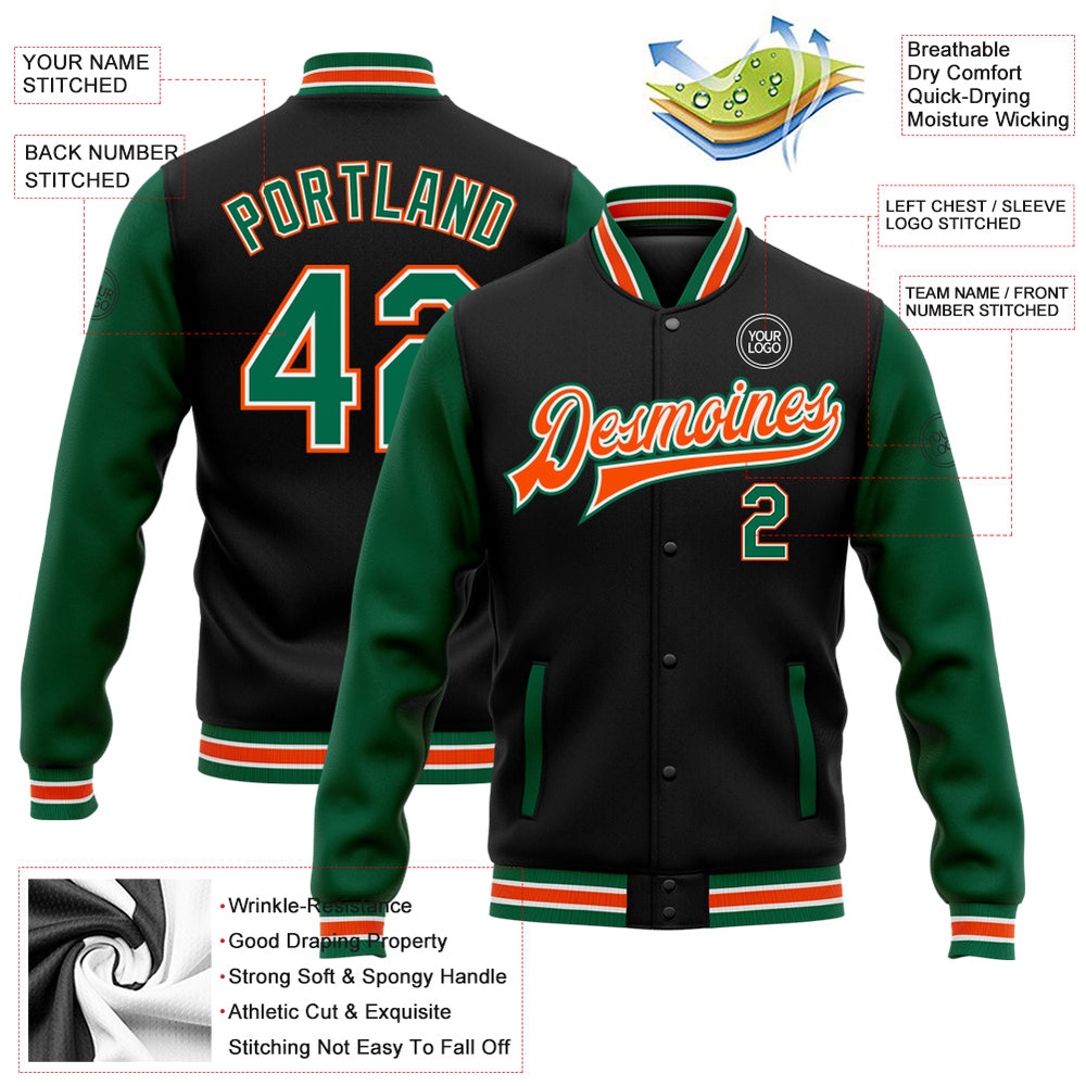 Custom Black Kelly Green Orange Bomber Full Snap Varsity Baseball Jacket, Custom Team Jacket