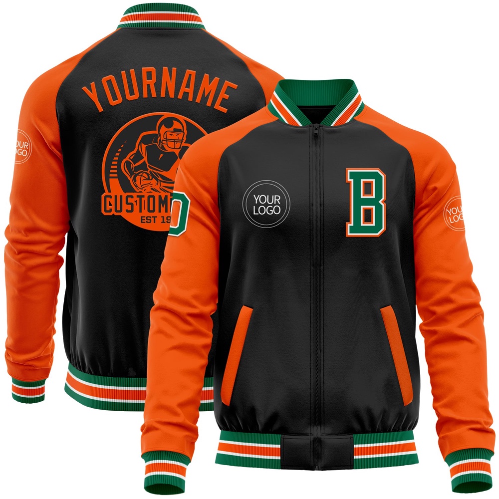 Custom Black Kelly Green Orange Bomber Varsity Baseball Jacket, Custom Team Jacket
