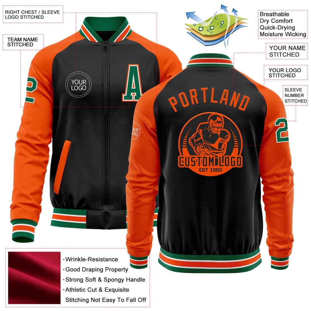 Custom Black Kelly Green Orange Bomber Varsity Baseball Jacket, Custom Team Jacket