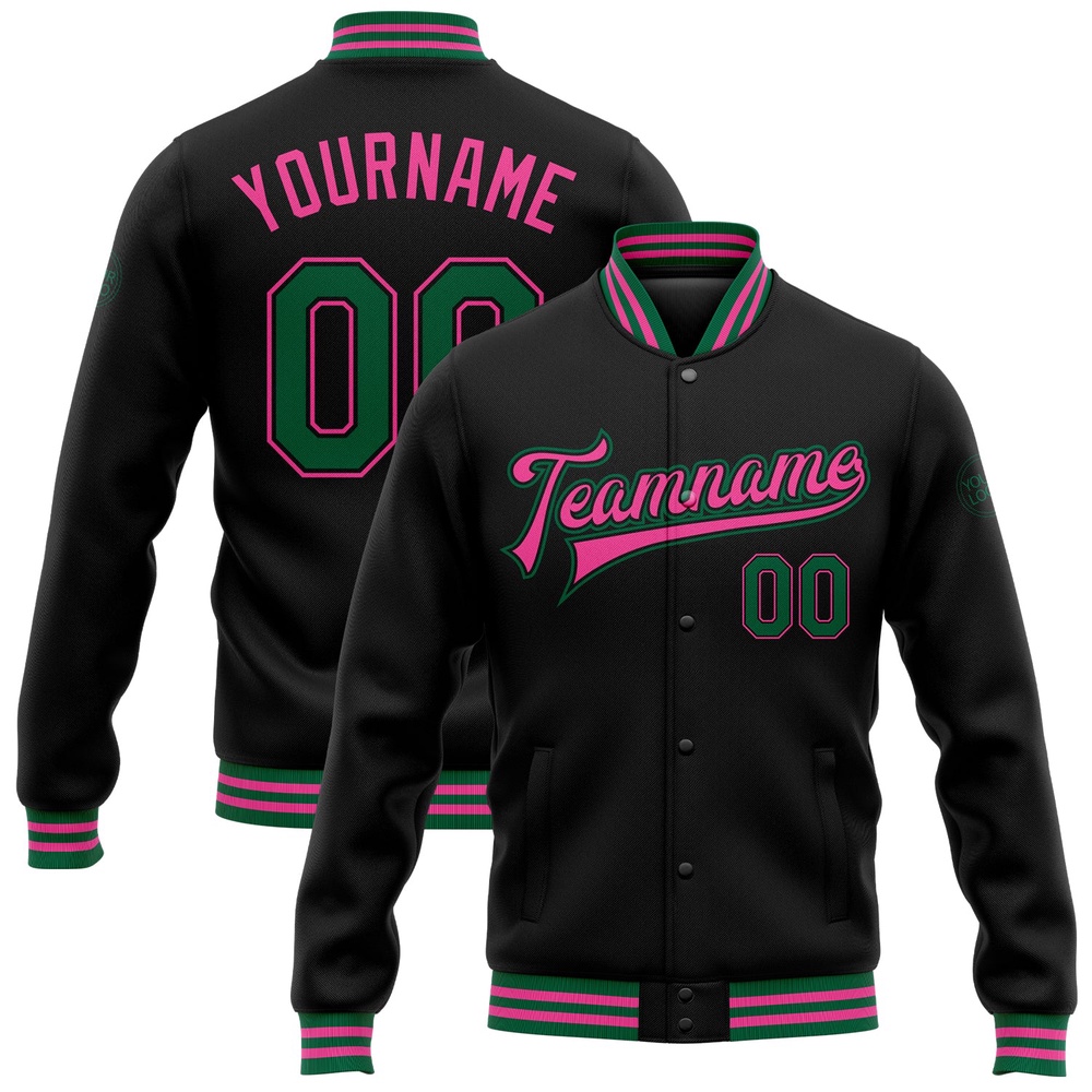 Custom Black Kelly Green Pink Bomber Full Snap Baseball Jacket, Custom Team Jacket
