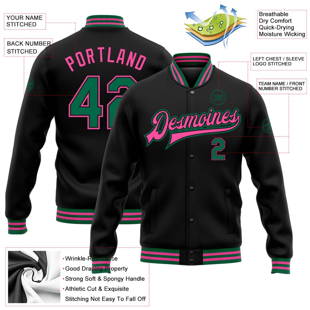 Custom Black Kelly Green Pink Bomber Full Snap Baseball Jacket, Custom Team Jacket