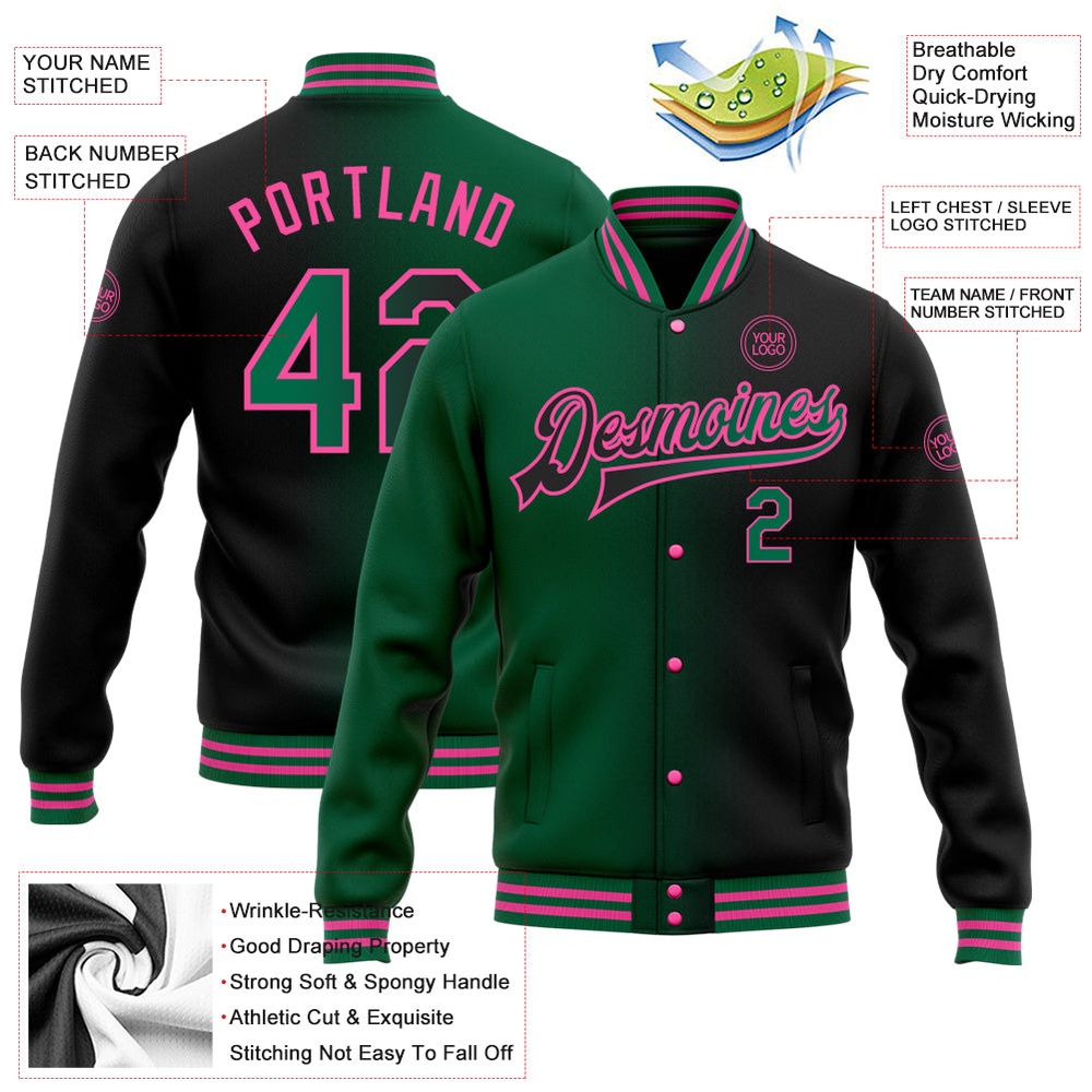 Custom Black Kelly Green Pink Bomber Full Snap Varsity Letterman Gradient Fashion Jacket, Custom Team Jacket