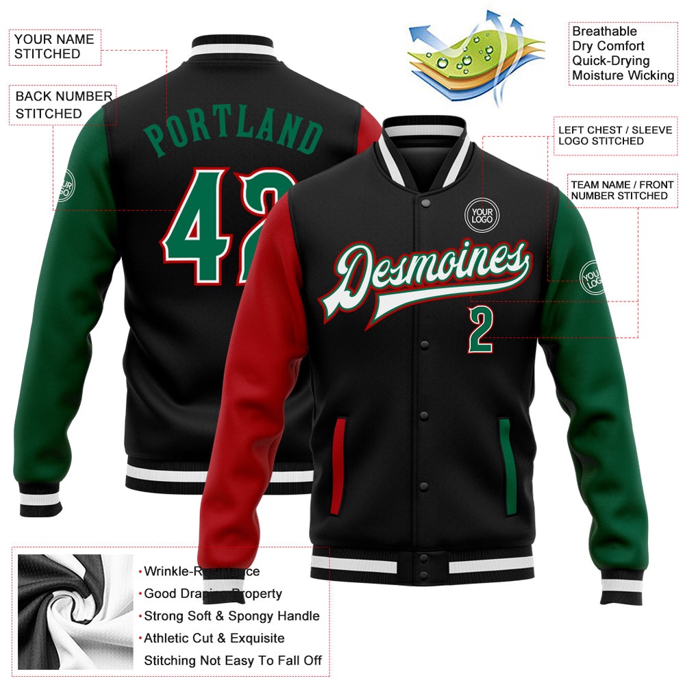 Custom Black Kelly Green Red Bomber Full Snap Varsity Baseball Jacket, Custom Team Jacket
