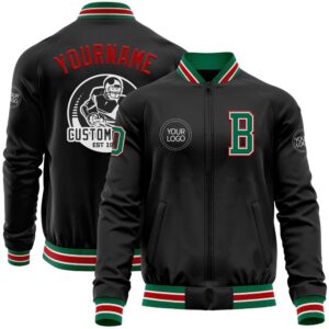 Custom Black Kelly Green Red Bomber Varsity…