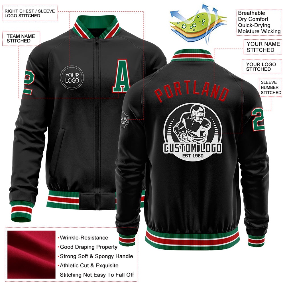 Custom Black Kelly Green Red Bomber Varsity Baseball Jacket, Custom Team Jacket