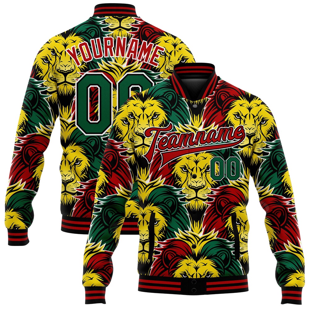 Custom Black Kelly Green Red Gold Black History Month Lion 3D Pattern Design Bomber Full Snap Baseball Jacket, Custom Team Jacket