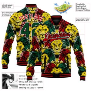 Custom Black Kelly Green Red Gold Black History Month Lion 3D Pattern Design Bomber Full Snap Baseball Jacket Custom Team Jacket 2 xxjpit.jpg