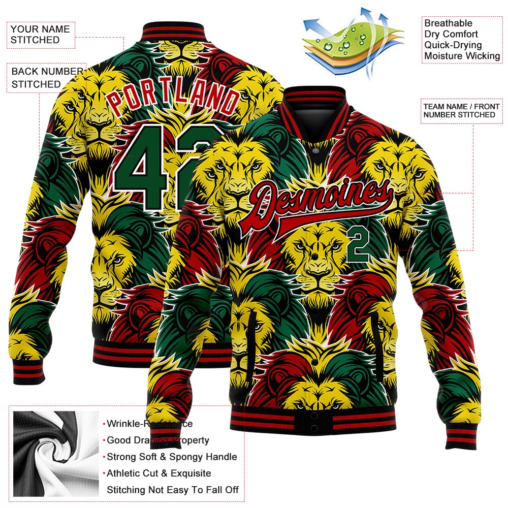 Custom Black Kelly Green Red Gold Black History Month Lion 3D Pattern Design Bomber Full Snap Baseball Jacket, Custom Team Jacket