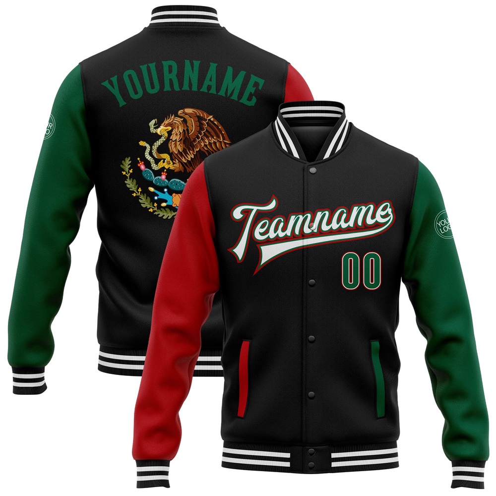 Custom Black Kelly Green Red Mexico 3D Bomber Full Snap Varsity Baseball Jacket, Custom Team Jacket