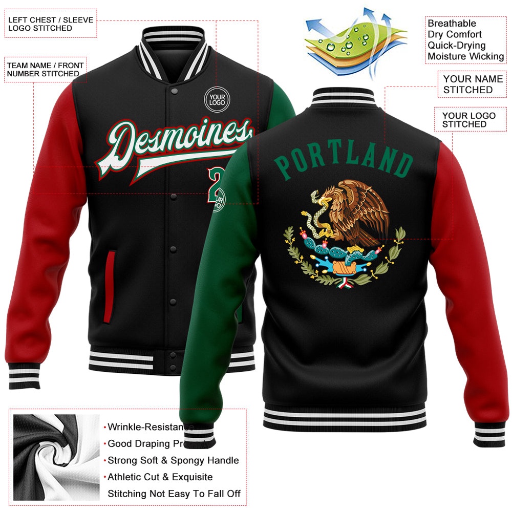 Custom Black Kelly Green Red Mexico 3D Bomber Full Snap Varsity Baseball Jacket, Custom Team Jacket