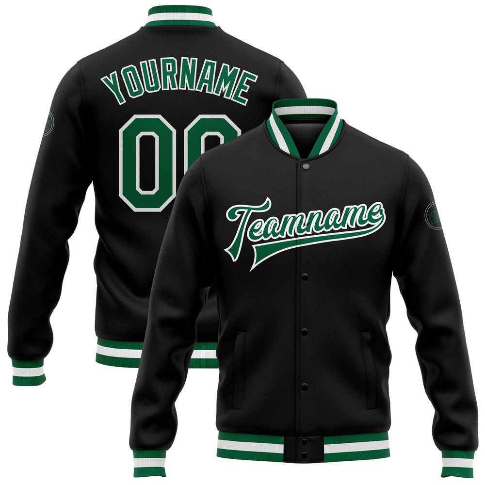 Custom Black Kelly Green White Bomber Full Snap Baseball Jacket, Custom Team Jacket