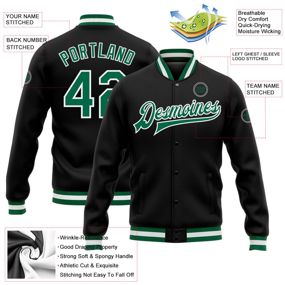 Custom Black Kelly Green White Bomber Full Snap Baseball Jacket, Custom Team Jacket