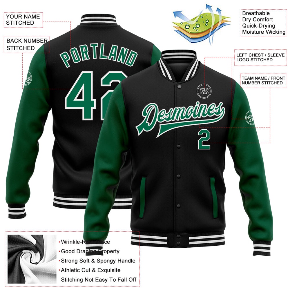 Custom Black Kelly Green White Bomber Full Snap Varsity Baseball Jacket, Custom Team Jacket
