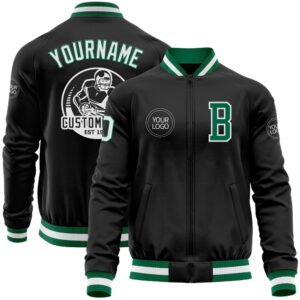 Custom Black Kelly Green White Bomber Varsity…