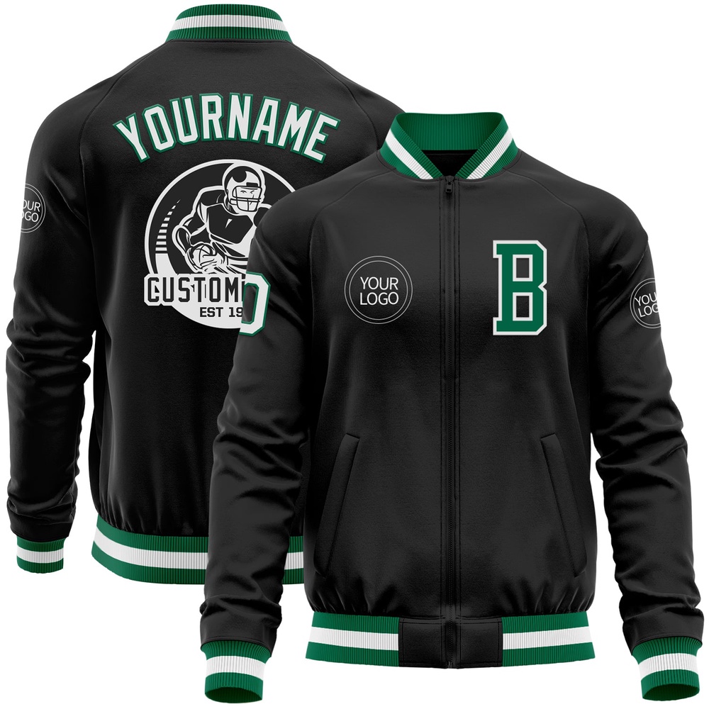 Custom Black Kelly Green White Bomber Varsity Baseball Jacket, Custom Team Jacket