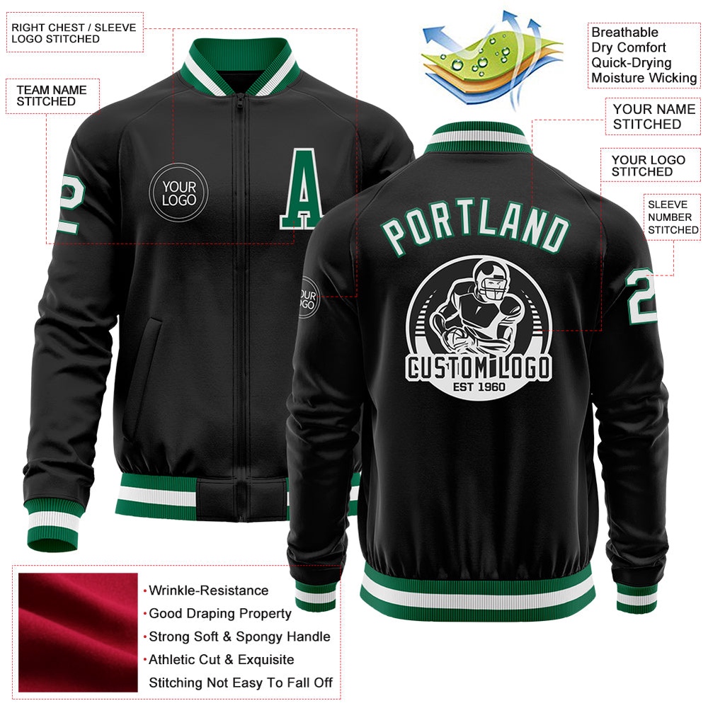 Custom Black Kelly Green White Bomber Varsity Baseball Jacket, Custom Team Jacket