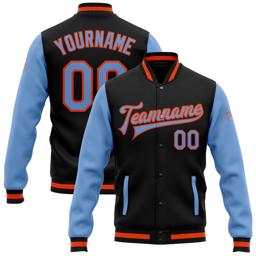 Custom Black Light Blue Orange Bomber Full Snap Varsity Baseball Jacket, Custom Team Jacket