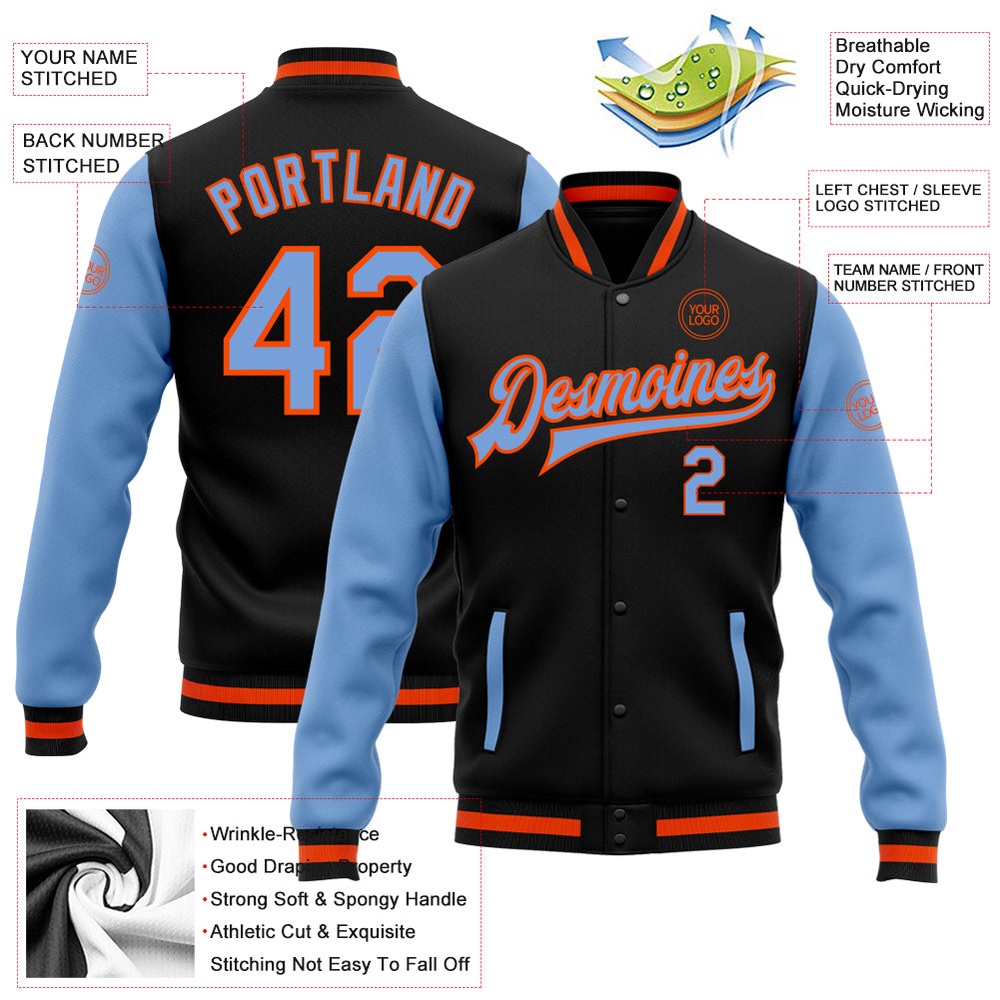 Custom Black Light Blue Orange Bomber Full Snap Varsity Baseball Jacket, Custom Team Jacket