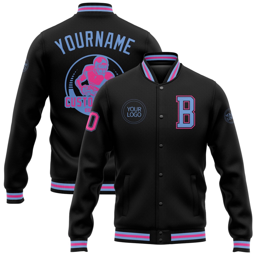 Custom Black Light Blue Pink Bomber Full Snap Baseball Jacket, Custom Team Jacket