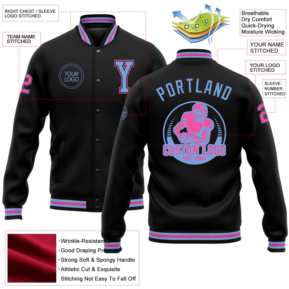 Custom Black Light Blue Pink Bomber Full Snap Baseball Jacket, Custom Team Jacket