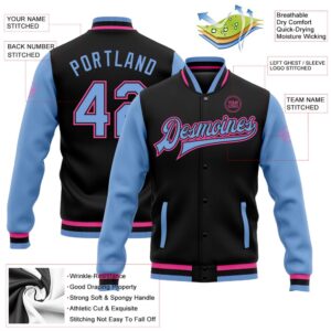 Custom Black Light Blue Pink Bomber Full Snap Varsity Baseball Jacket Custom Team Jacket 2 wficou.jpg