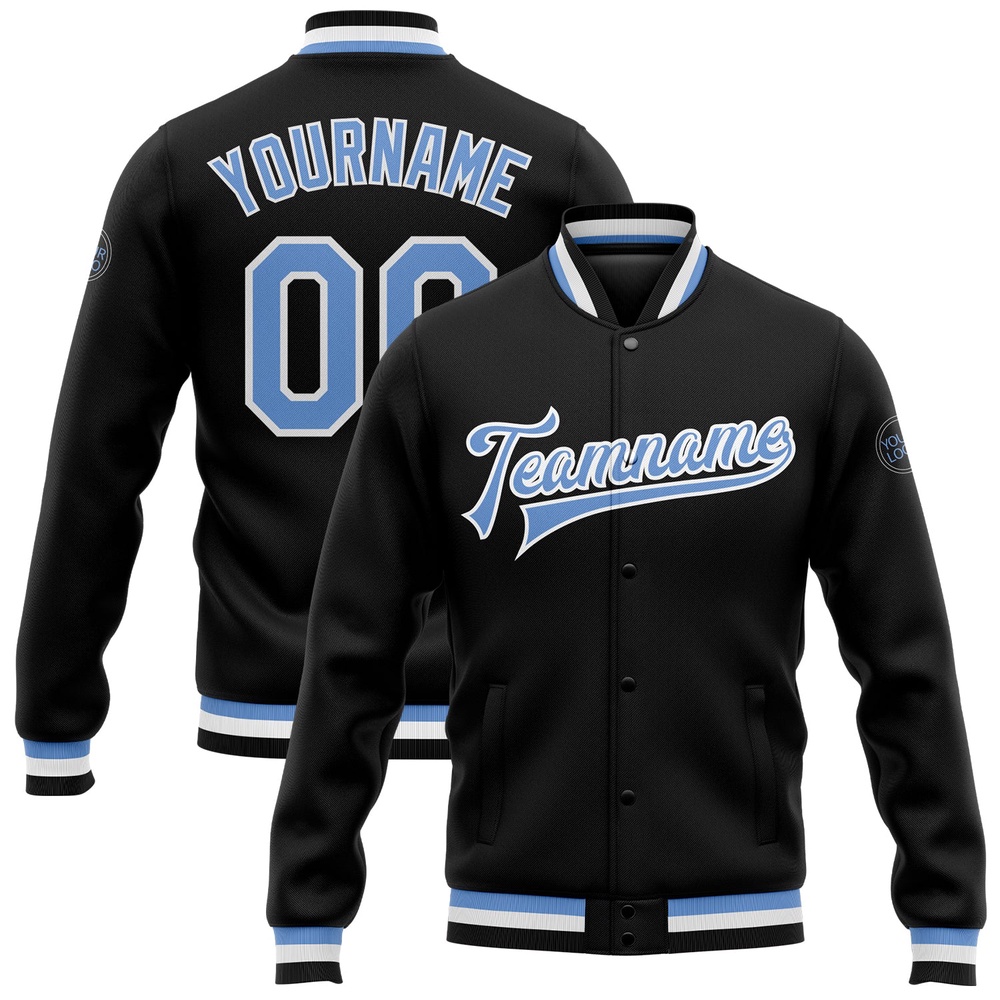 Custom Black Light Blue White Bomber Full Snap Baseball Jacket, Custom Team Jacket