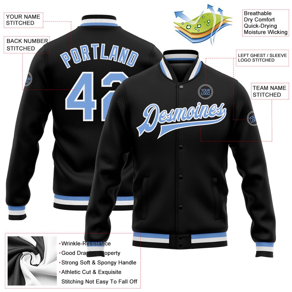 Custom Black Light Blue White Bomber Full Snap Baseball Jacket, Custom Team Jacket